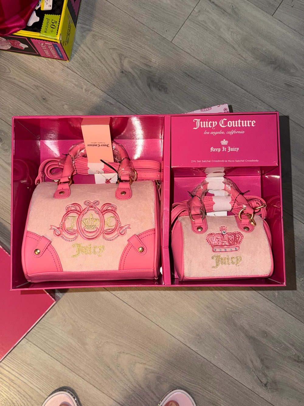 Juicy Couture Pink Velvet & Leather Satchel Set